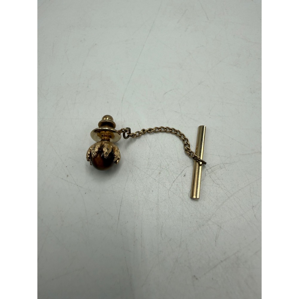 Vtg Gold Tone Tigers Eye Tie Tack Pin‎ with Security Chain and T-Bar Accessory